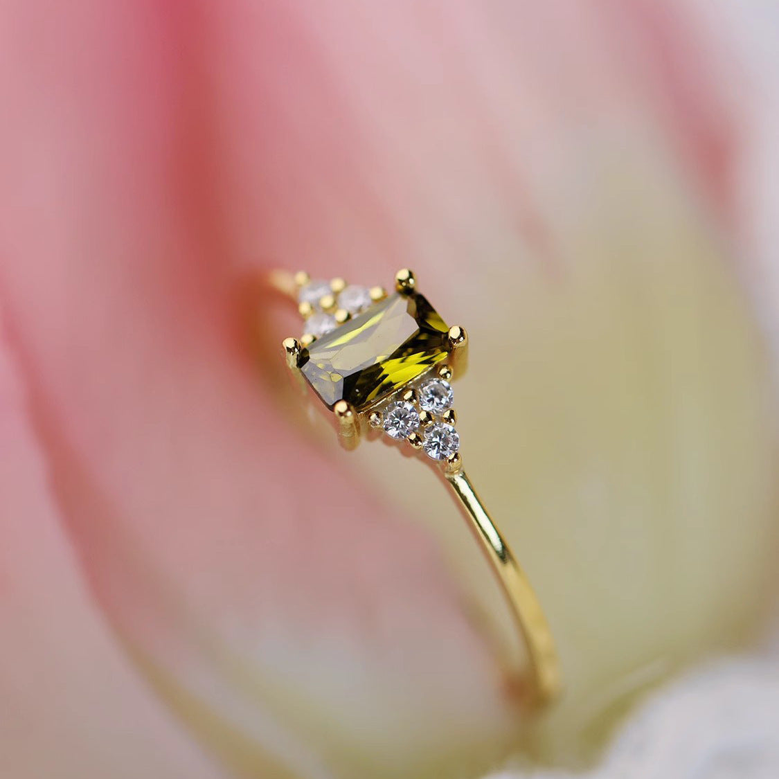 Gold-Plated Slim-Banded Square Olive-Green Colored Zircon Ring