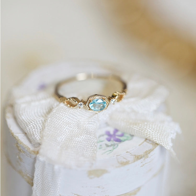 Light-Luxury Gold-Plated Hollow-Rhombus Clear Zircon Natural Paraiba Color Apatite Ring