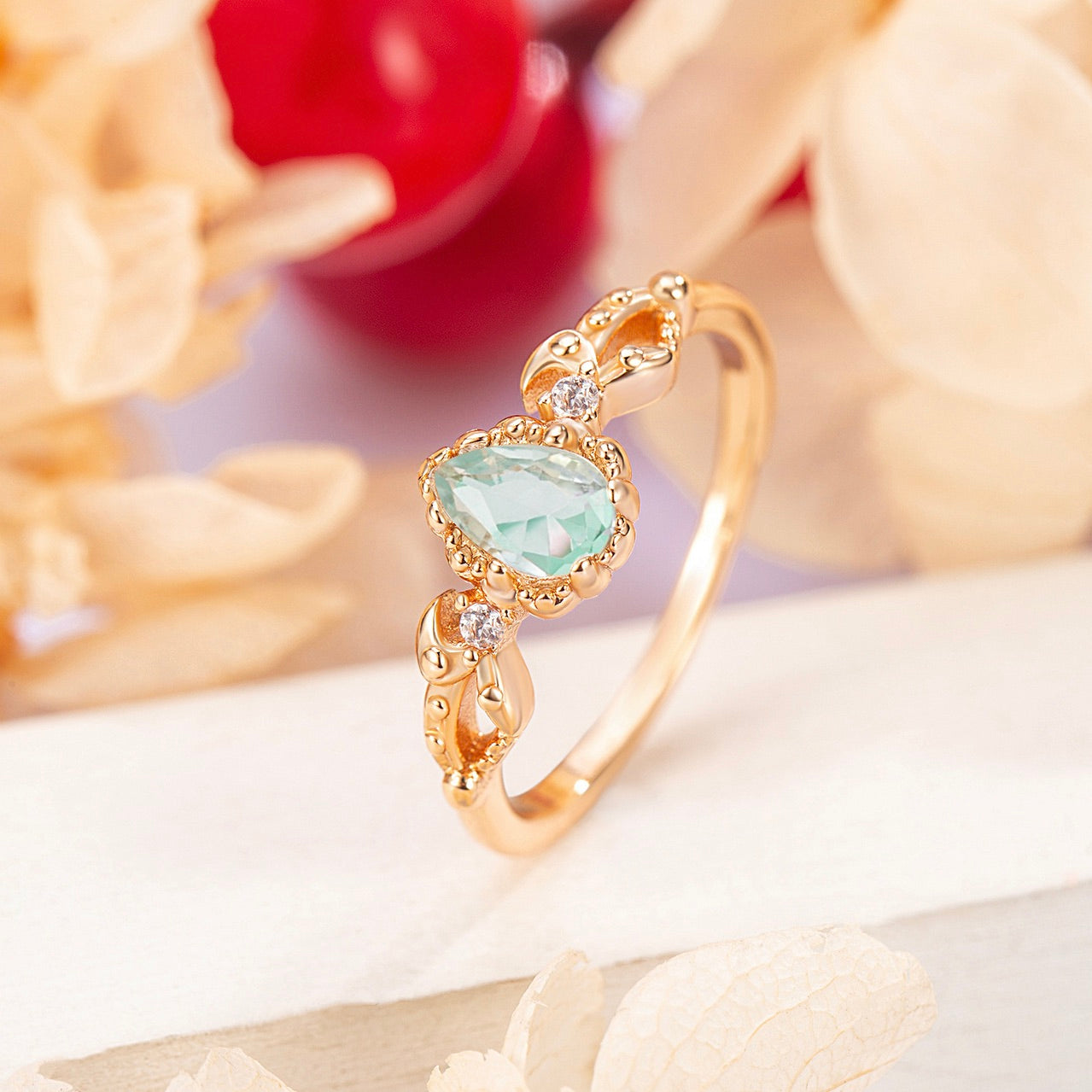 Vintage-Luxury Gold-Plated Drop-Shaped Two-Zircon Natural Aquamarine Ring