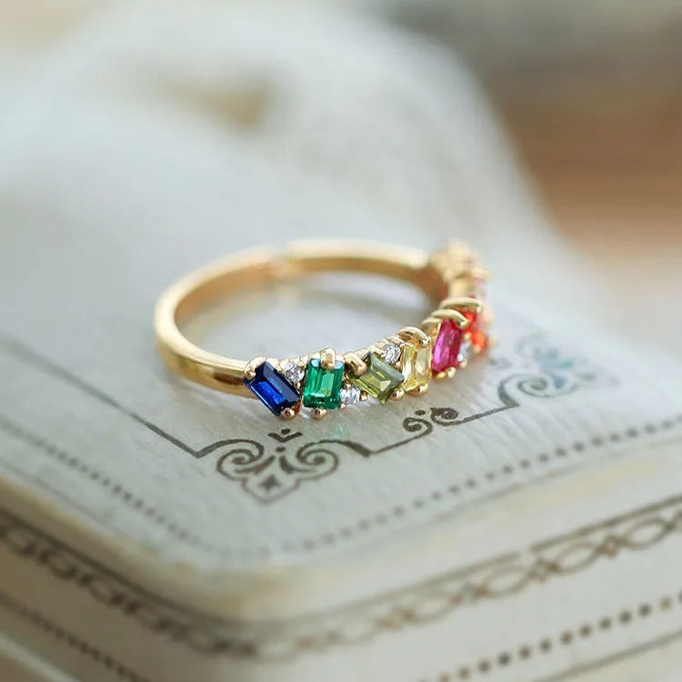 Luxury Gold-Plated Open Rectangular Multi-Color Clear Zircon Ring
