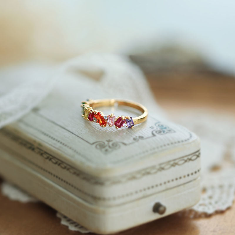Luxury Gold-Plated Open Rectangular Multi-Color Clear Zircon Ring