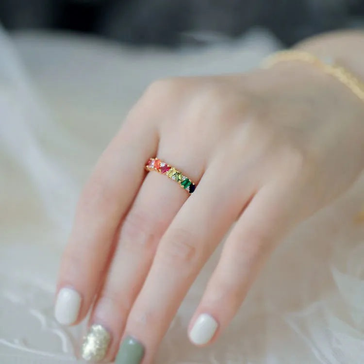 Luxury Gold-Plated Open Rectangular Multi-Color Clear Zircon Ring