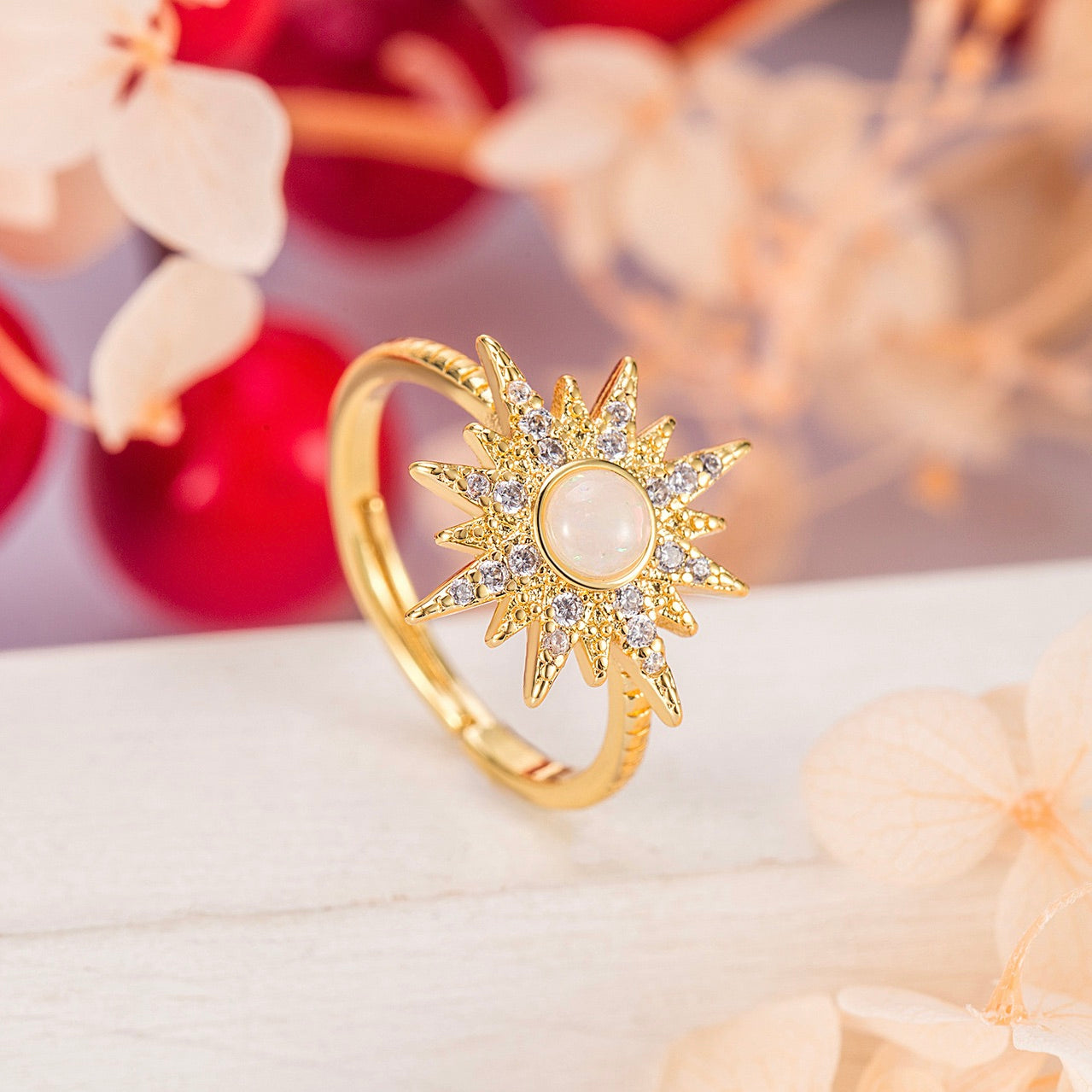 Luxury Gold-Plated Starburst Multi-Clear Zircon Natural Opal Ring
