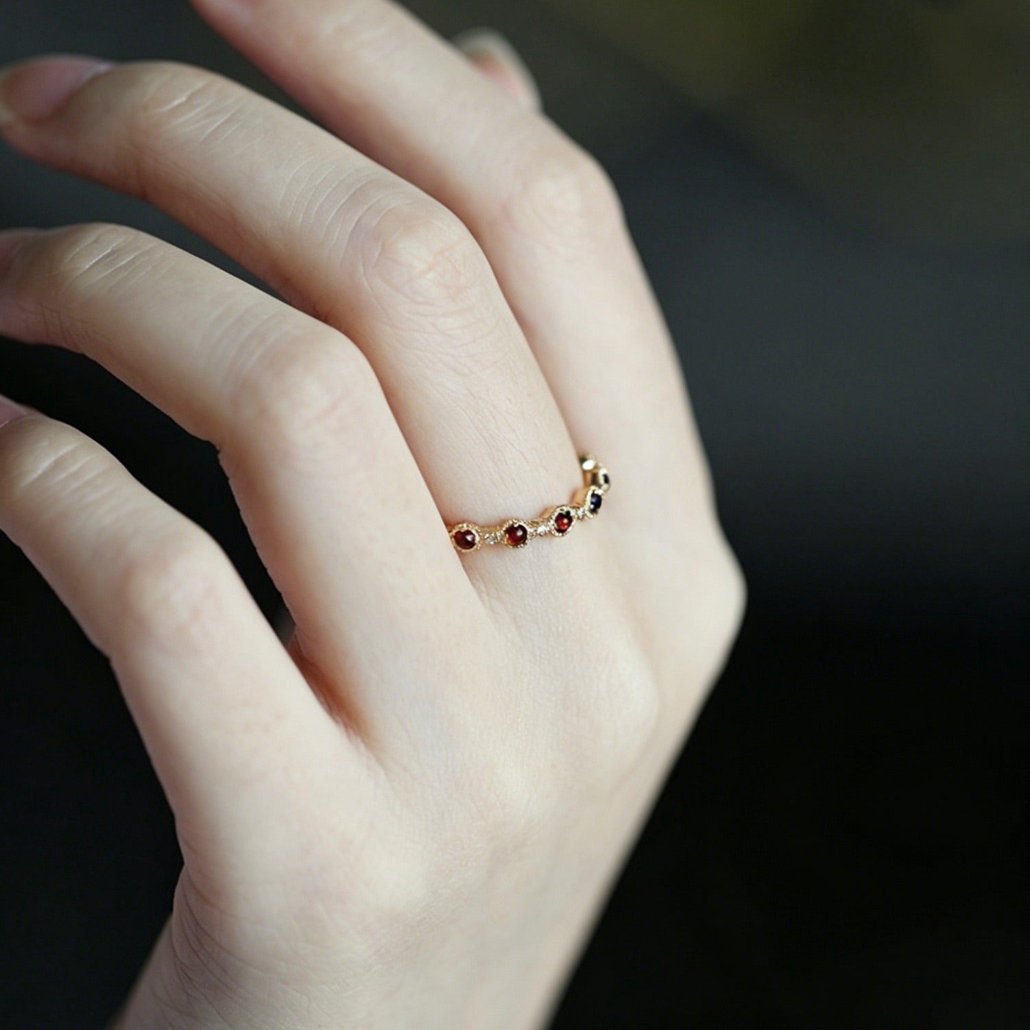 Vintage Luxury Gold-Plated Beaded-Edge Multi-Zircon Gemstone Ring